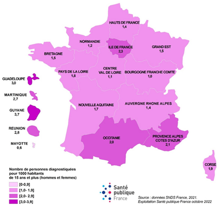 Figure 5 : Taux d’incidence des diagnostics d’infection à Chlamydia trachomatis en secteur privé, par région de domicile chez les 15 ans et plus (personnes diagnostiquées au moins une fois dans l'année pour 1 000 habitants), France, 2022