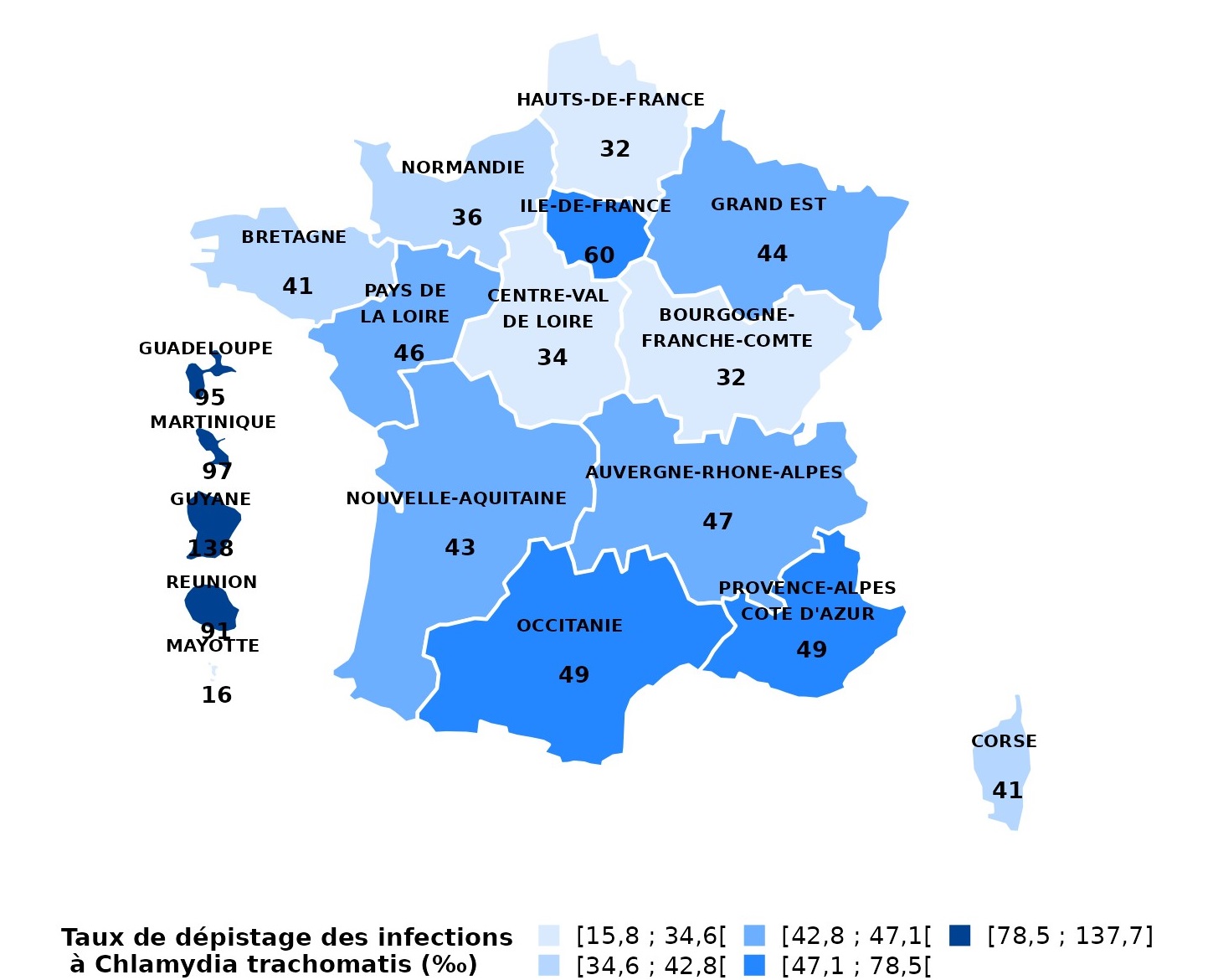 Figure 2 : Taux de dépistage des infections à Chlamydia trachomatis par région de domicile pour les 15 ans et plus (personnes dépistées au moins une fois dans l'année pour 1 000 habitants), France, 2022