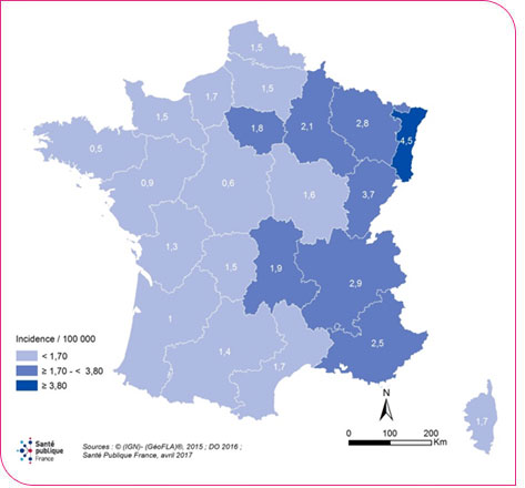 Figure 2. Distribution du taux d’incidence standardisé* de la légionellose selon la région (ancienne) de domicile en France métropolitaine, 2016