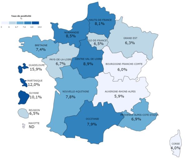 Figure 6. Taux de positivité (%) des dépistages des infections à Chlamydia trachomatis en CeGIDD, par région des CeGIDD, France, 2022