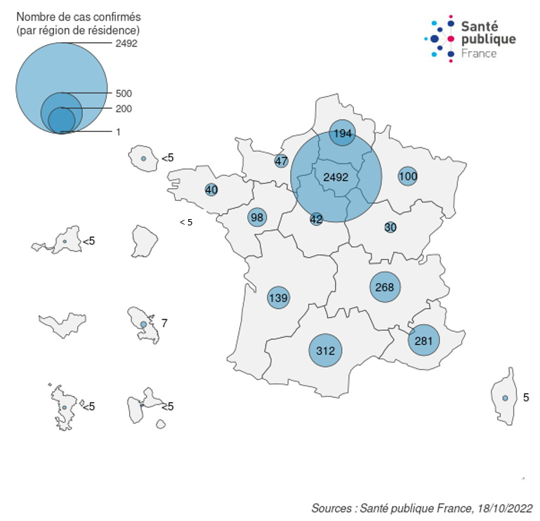 Figure 1. Cas confirmés biologiquement de variole du singe (n=4 062 cas) par région de résidence (ou par région de signalement lorsque la région de résidence est inconnue), France, mai-octobre 2022 (données au 18/10/2022 – 12h00)