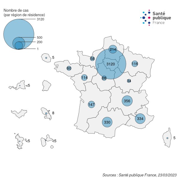 Figure 1. Cas de variole du singe totaux (n= 4 973 cas) par région de résidence (ou par région de signalement lorsque la région de résidence est inconnue), France, mai 2022-mars 2023 (données au 23/03/2023 – 12h00)