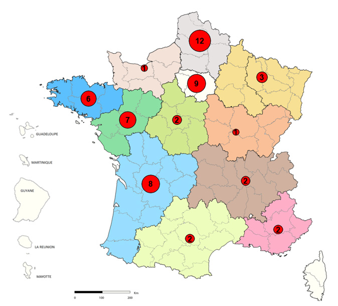Figure 2 - Distribution géographique des cas confirmés de SHU et d’infections à STEC (N=55) en lien avec la consommation de pizzas Fraîch’Up de marque Buitoni®, par région de résidence France métropolitaine, semaines 3 à 12, 2022