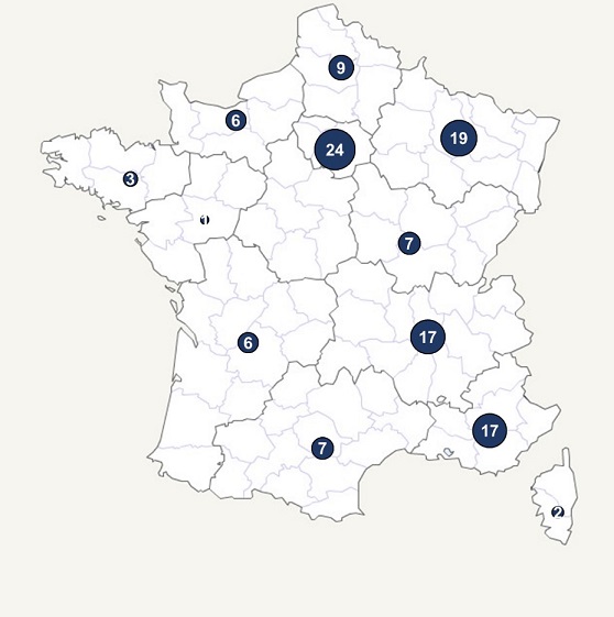 Figure 2 - Distribution géographique des cas confirmés de salmonellose à Salmonella Typhimurium, variant monophasique (cluster 1 HC5_296366 et cluster 2 HC5_298160), par région de résidence - France métropolitaine, semaines 2 à 18, 2022