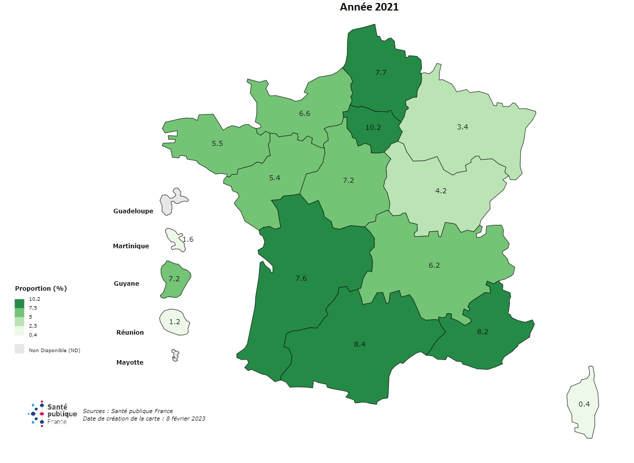 Figure 3. Répartition régionale des proportions de professionnels travaillant en établissements de santé infectés pendant les 3 ans de la pandémie COVID-19, France, 2021
