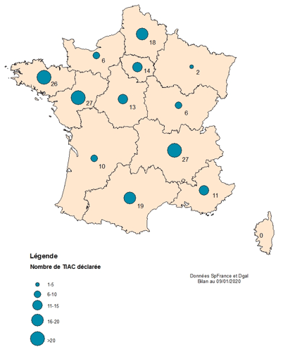 Figure 1 - Nombre de TIAC suspectées d’être liées à la consommation de coquillages crus, par région de déclaration. France métropolitaine, 1er décembre 2019 - 8 janvier 2020.