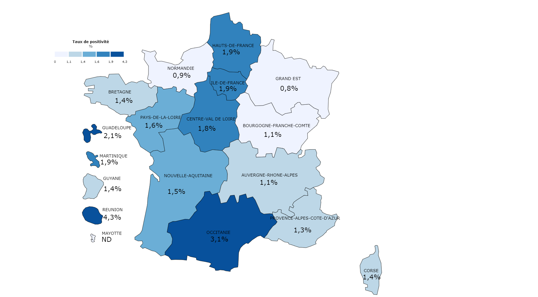 Figure 6. Taux de positivité des diagnostics de syphilis en CeGIDD, par région des CeGIDD, chez les 15 ans et plus, France, 2022