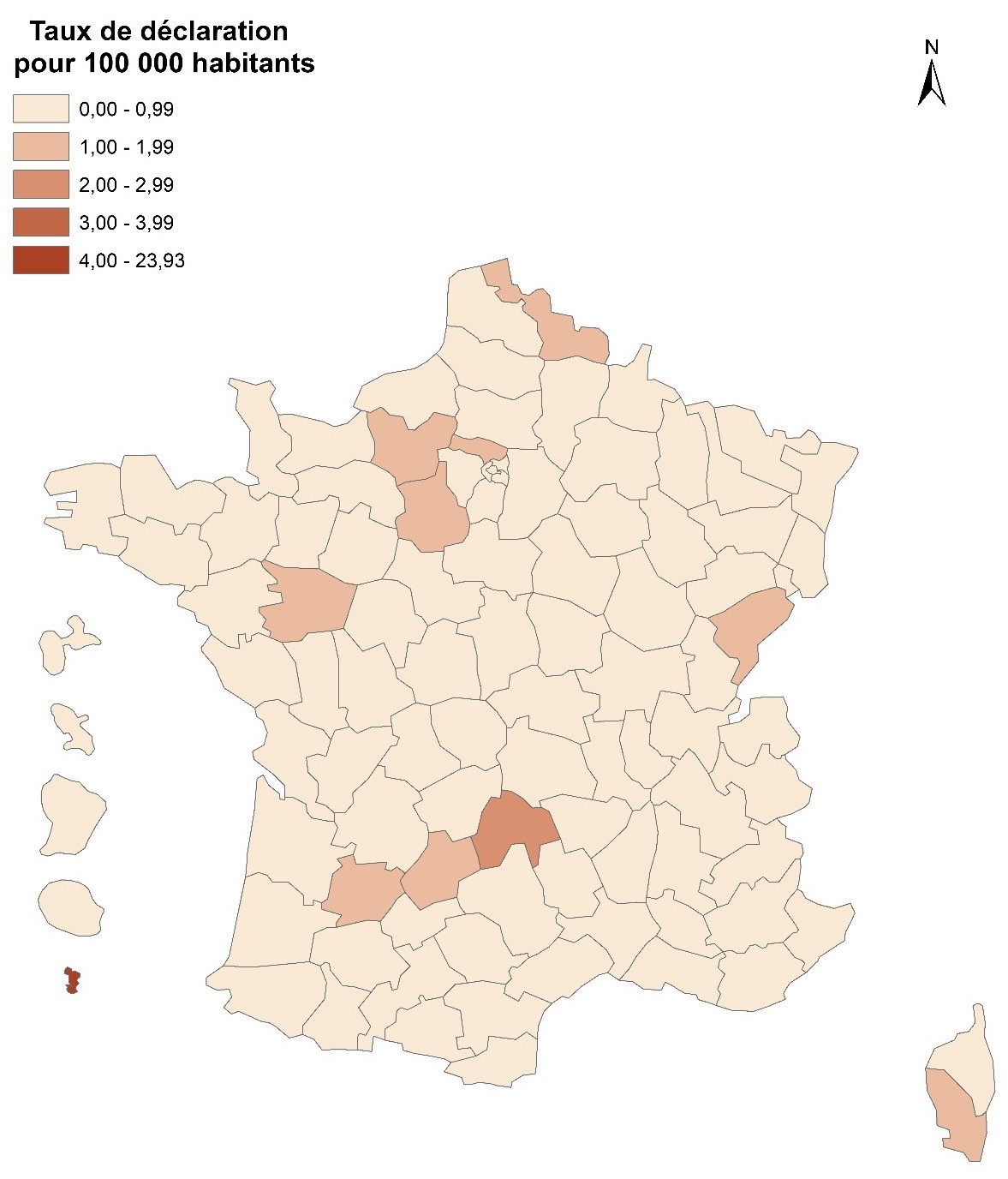 Taux de déclaration (pour 100 000 habitants) d’hépatite aiguë A par département, France entière, 2021