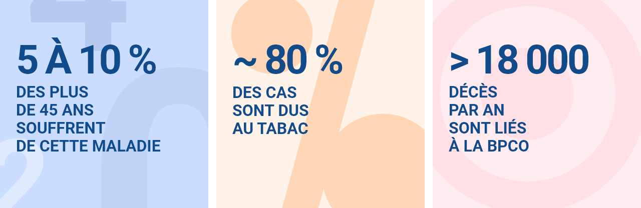 5 à 10 % des plus de 45 ans souffrent de cette maladie environ 80 % des cas sont dus au tabac près de 18 000 décès par an sont liés à la BPCO
