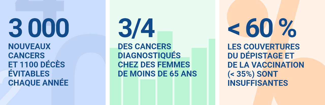 3 000 nouveaux cancers et 1 100 décès évitables chaque année 3/4 des cancers diagnostiqués chez des femmes de moins de 65 ans Moins de 60 % les couvertures du dépistage et de la vaccination (moins de 35 %) sont insuffisantes