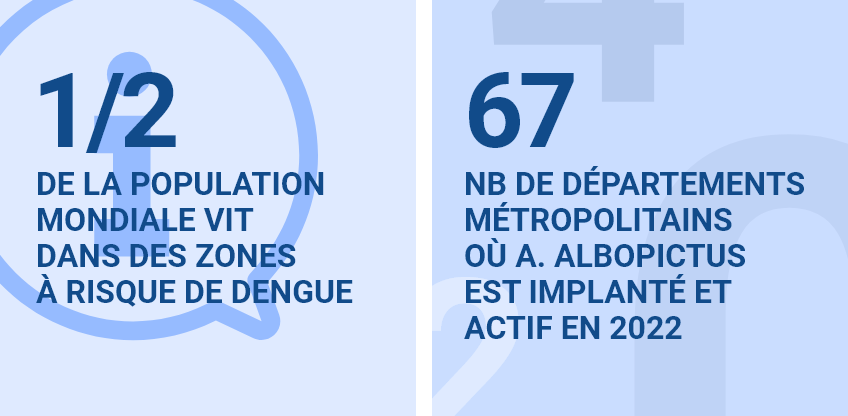 1/2 de la population mondiale vit dans des zones à risque de dengue 67 nb de départements métropolitains où a. albopictus est implanté et actif en 2022