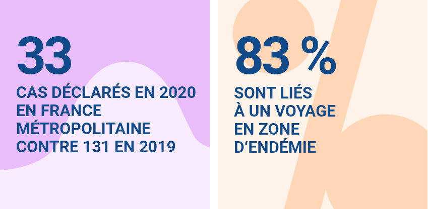 33 cas déclarés en 2020 en france métropolitaine contre 131 en 2019 83 % sont liés à un voyage en zone d’endémie