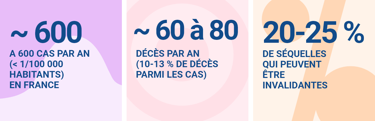 environ 600 cas par an (moins de 1 / 100 000 habitants) en France environ 60 à 80 décès par an (10-13 % de décès parmi les cas) 20-25% de séquelles qui peuvent être invalidantes