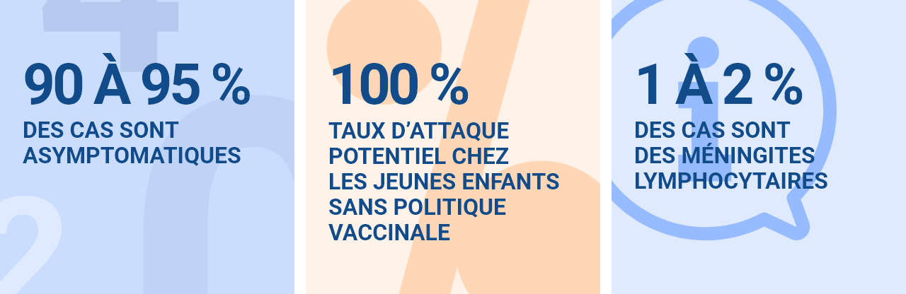 90 à 95 % des cas sont asymptomatiques  100 % : taux d'attaque potentiel chez les jeunes enfants sans politique vaccinale  1 à 2 % des cas sont des méningites lymphocytaires