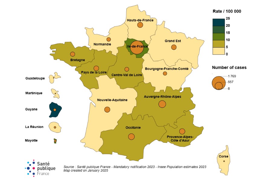 Répartition des cas de tuberculose par région et par population en 2023
