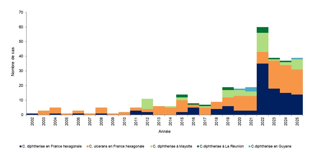 Figure 1 - Nombre de cas de diphtérie déclarés, par an, France, 2002-2025