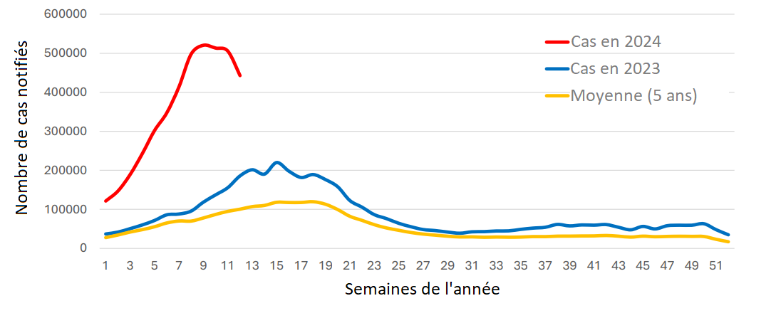 Figure 3. Nombre total de cas suspects de dengue à la fin de la 12ème semaine de 2024, 2023 et moyenne des 5 dernières années. Région OMS des Amériques.