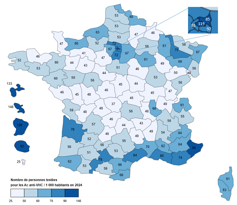 Taux de personnes testées pour les Ac anti-VHC (nb de pers / 1 000 habitants), par département, France, 2024 (données tous régimes)