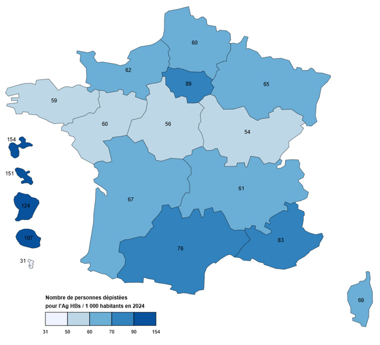Nombre de personnes dépistées pour l’Ag HBs (/ 1 000 habitants), par région, France, 2024 (tous régimes)