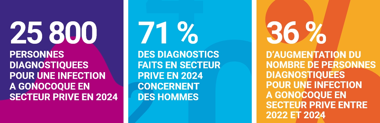 25 800 personnes diagnostiquees pour une infection a gonocoque en secteur prive en 2024 / 71 % des diagnostics faits en secteur prive en 2024 concernent des hommes / 36 % d’augmentation du nombre de personnes diagnostiquées pour une infection a gonocoque 