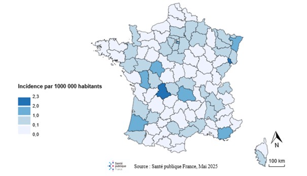 Incidence annuelle moyenne du botulisme par département, France hexagonale, 2018-2024