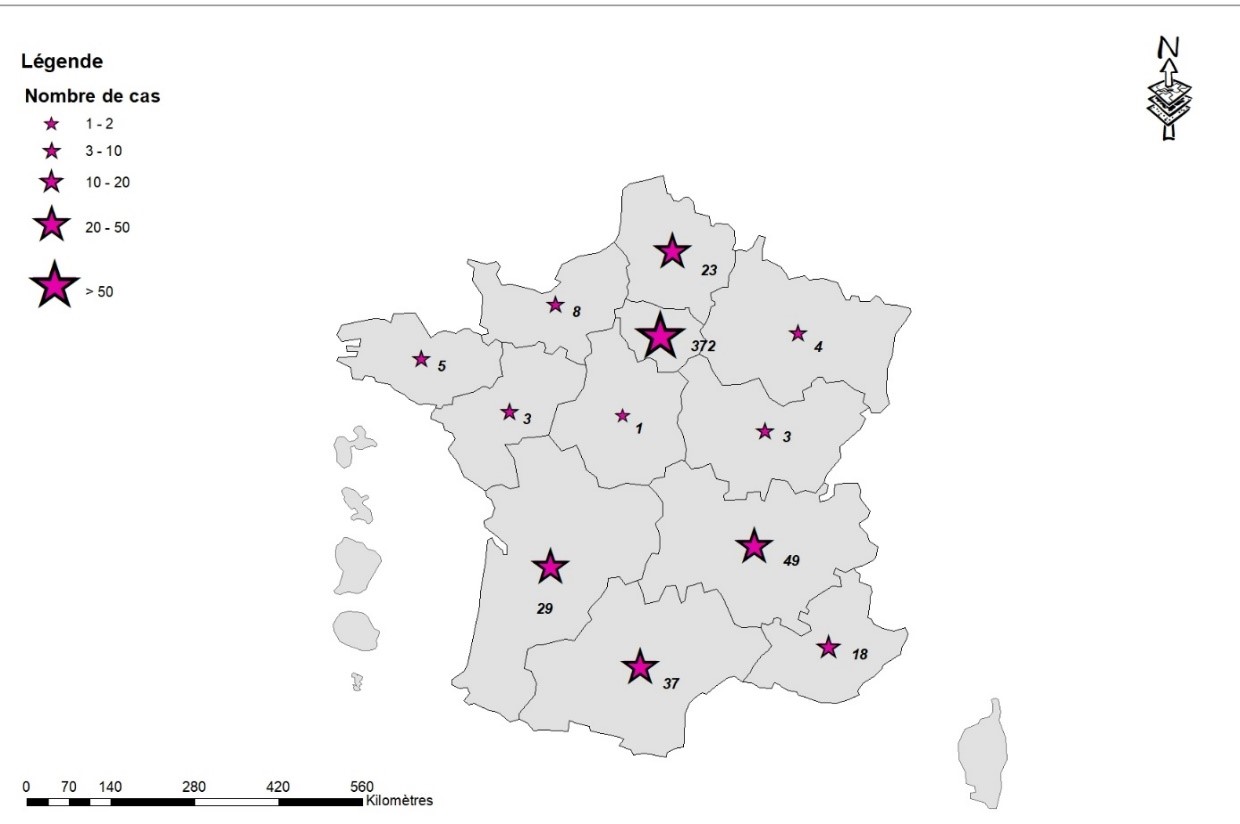 Figure 1. Cas confirmés de variole du singe (n=552), par région de résidence, France, mai-juillet 2022 (données au 04/07/2022 – 14h00)