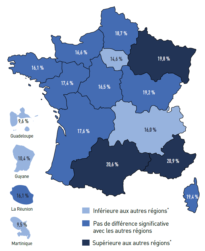 Proportion d’adultes de 18-79 ans déclarant fumer quotidiennement selon la région en 2024