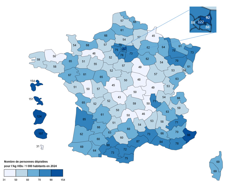 Nombre de personnes dépistées pour l’Ag HBs (/ 1 000 habitants), par département, France, 2024 (tous régimes)