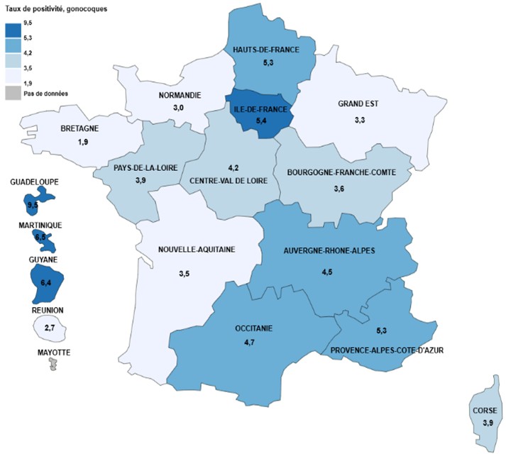 Taux de positivité (%) des dépistages des infections à gonocoque en CeGIDD, par région des CeGIDD, France, 2024