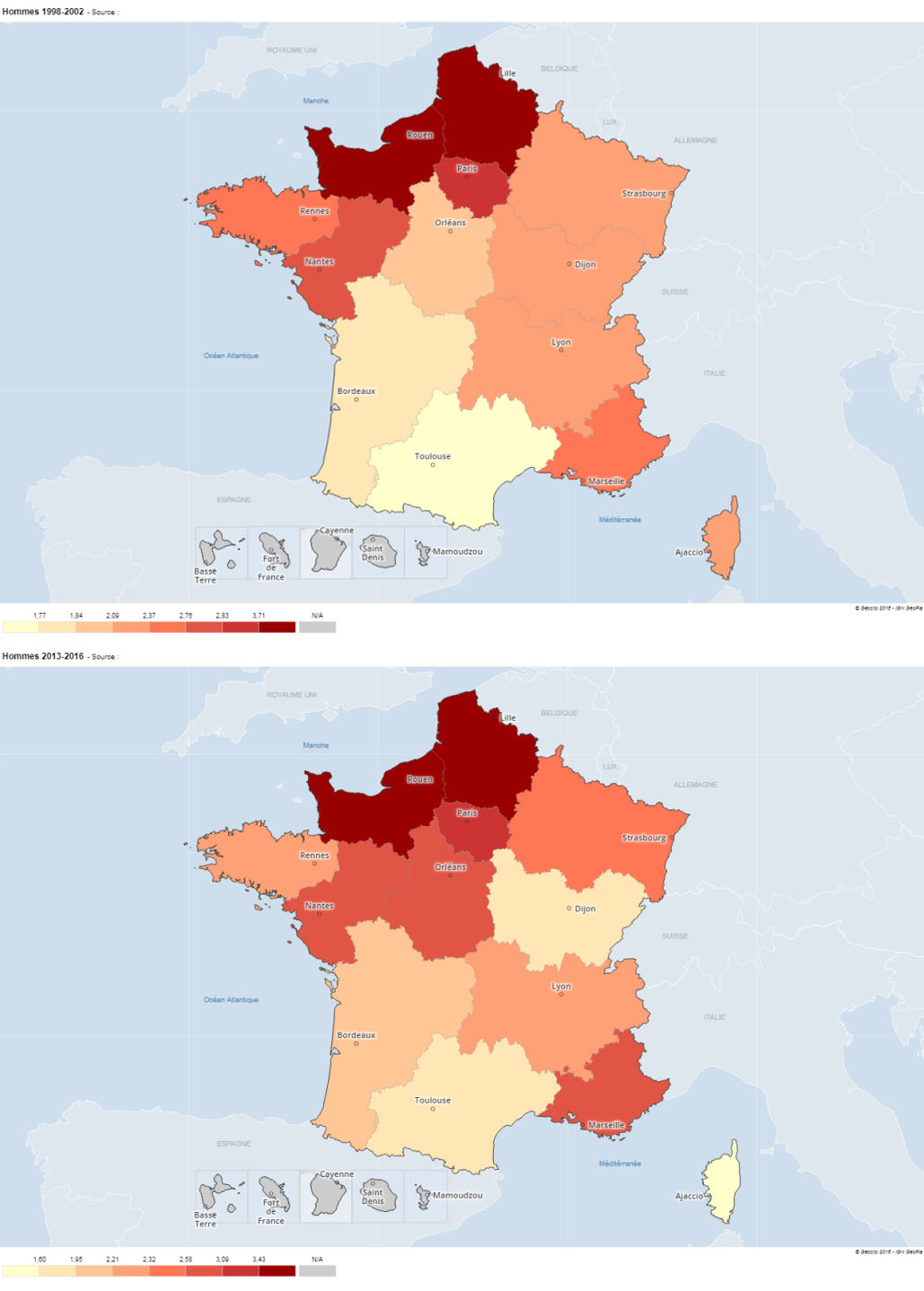 Mésothéliome : taux d’incidence standardisés sur l’âge chez les hommes par région, 1998-2002 et 2013-2016
