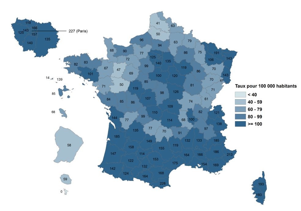Nombre de personnes en ALD au 31 décembre 2019 pour une hépatite chronique C par département, ALD pour 100 000 habitants (SNIIRAM SNDS, données tous régimes)