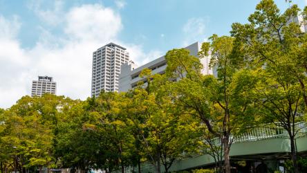 Photo d'immeubles urbains et de verdure