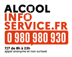 Logo alcool info service : téléphone 0 980 980 930, 7/7 de 8h à 23h, appel gratuit et anonyme