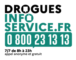 Logo Drogues info service : téléphone 0 800 23 13 13, 7/7 de 8h à 23h, appel gratuit et anonyme
