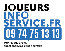 Logo joueurs info service : téléphone 09 74 75 13 13, 7/7 de 8h à 23h, appel gratuit et anonyme