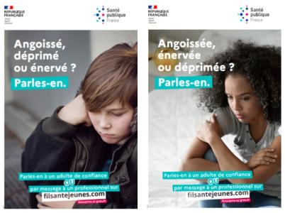 Visuel affiches de la campagne filsantejeunes.com. Angoissé, déprimé ou énervé ? parles-en à un adulte de confiance ou par message à un professionnel sur filsantejeunes.com. Anonyme et gratuit.