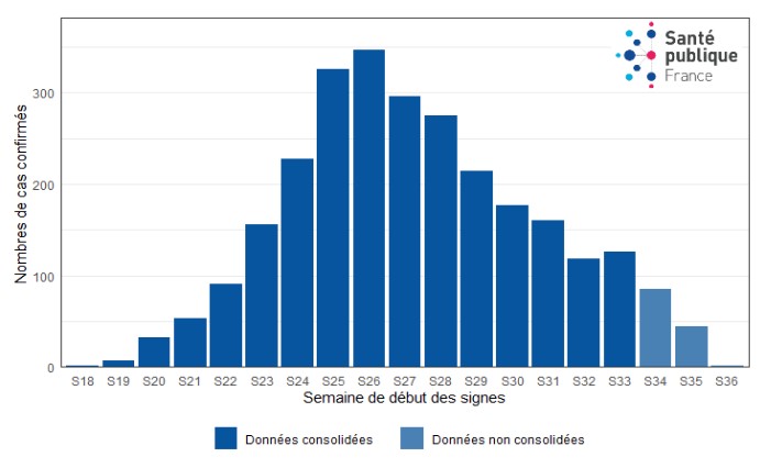 Figure 2. Cas de variole du singe (n=2 736 cas, nombre de données manquantes : 1 097) par semaine de début des symptômes, France, mai-septembre 2022 (données au 12/09/2022 – 12h00).