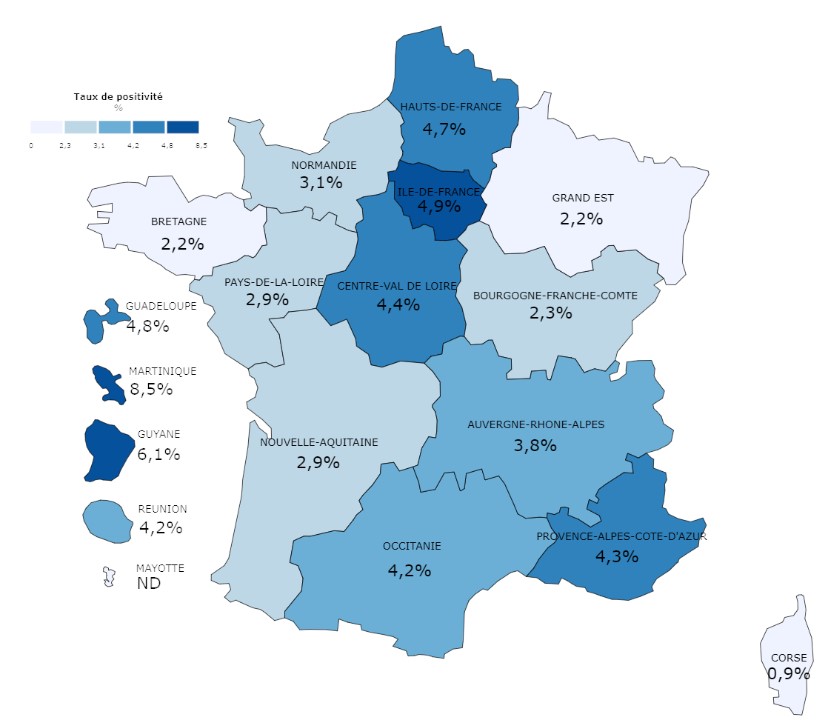 Taux de positivité (%) des dépistages des infections à gonocoque en CeGIDD, par région des CeGIDD, France, 2022