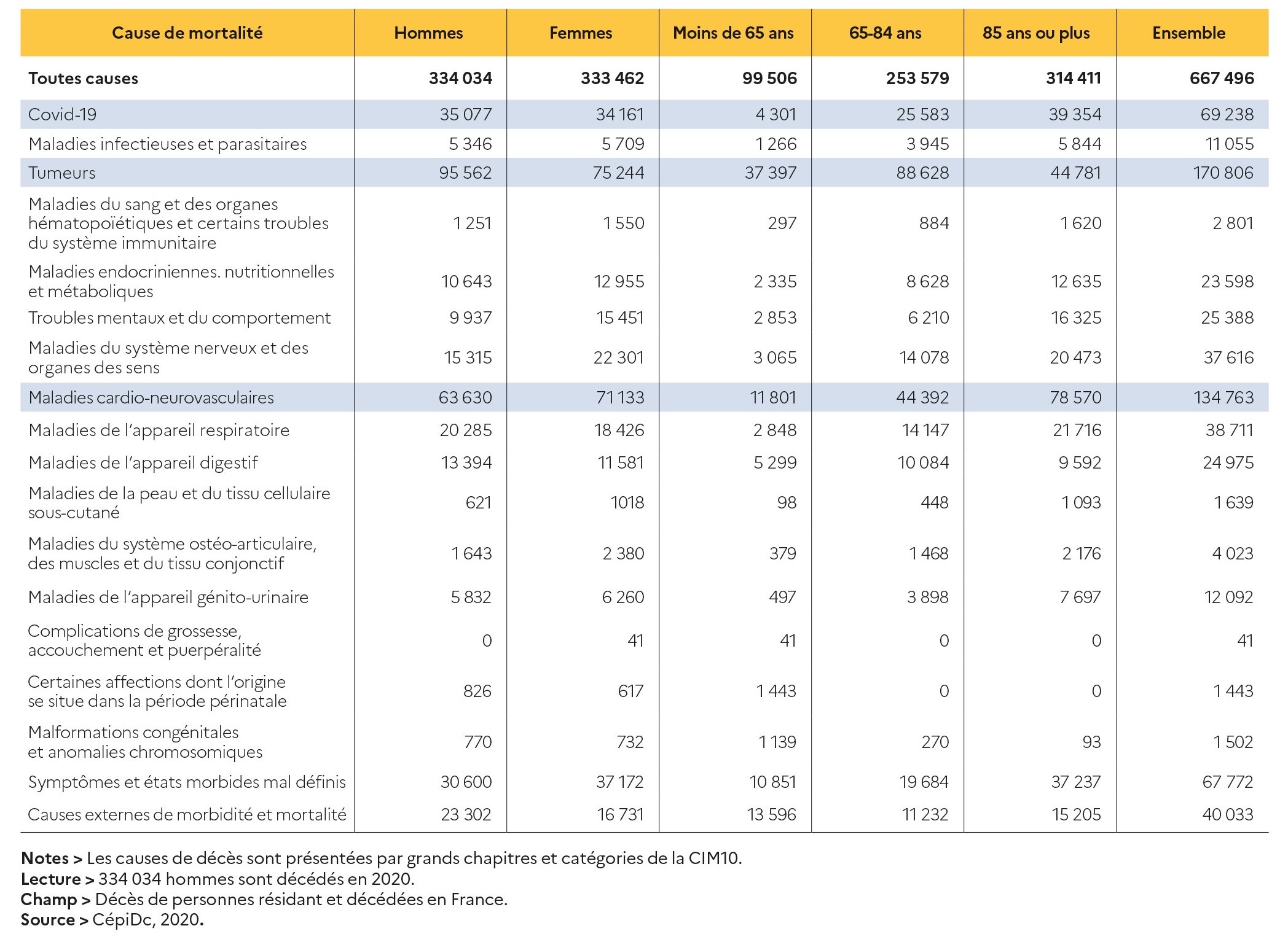Nombre de décès par cause en 2020, par classe d'âge et par sexe