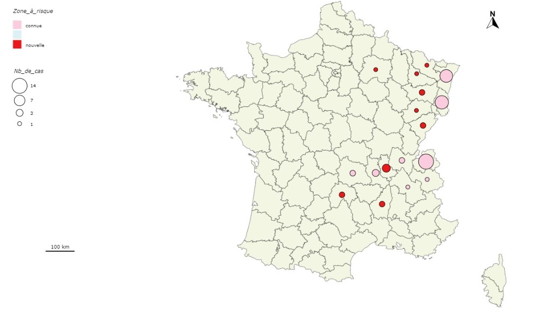 Lieu probable de contamination des cas autochtones d’infection par le virus TBE déclarés en France de mai 2021 à mai 2023 (n= 61)