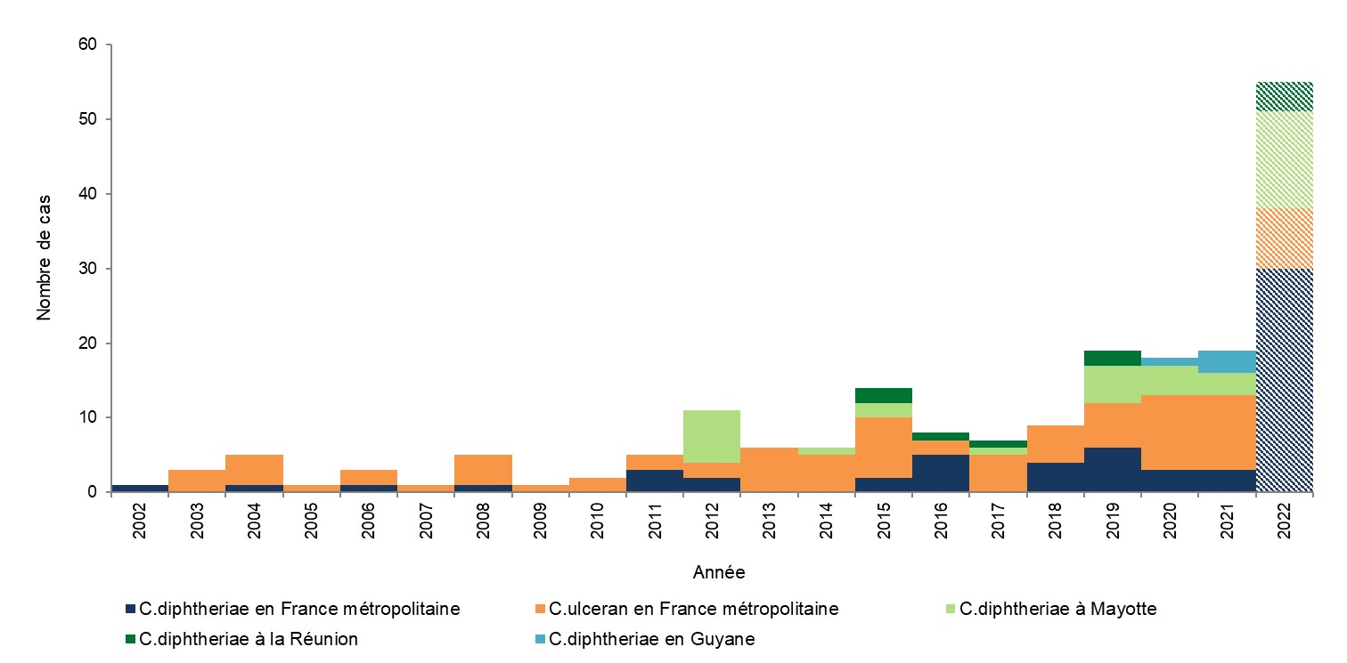Figure 1 - Nombre de cas de diphtérie déclaré, par an, France, 2002-2022 – Données au 30 novembre 2022