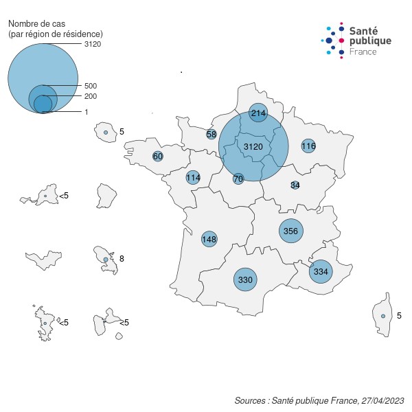 Figure 1. Cas de variole du singe totaux (n= 4 975 cas) par région de résidence (ou par région de signalement lorsque la région de résidence est inconnue), France, mai 2022-avril 2023 (données au 27/04/2023 – 12h00)