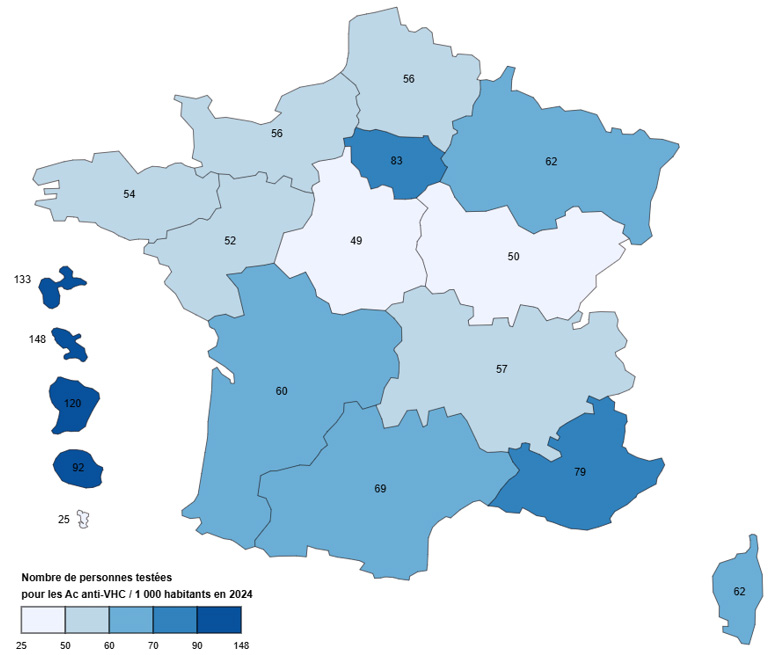 Taux de personnes testées pour les Ac anti-VHC (nb de pers / 1 000 habitants), par région, France, 2024 (données tous régimes)