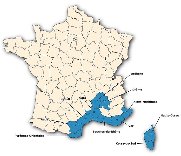 Départements où la présence de la tique a été documentée : 06 ; 07 ; 11 ; 13 ; 26 ; 30 ; 34 ; 66 ; 83 ; 2A ; 2B