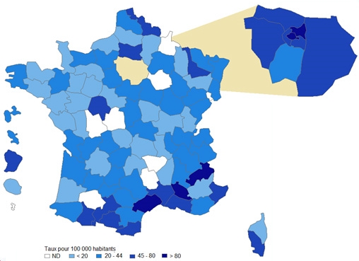 Nombre de tests Ac anti-VHC confirmés positifs pour 100 000 habitants, par département, France, LaboHep 2016