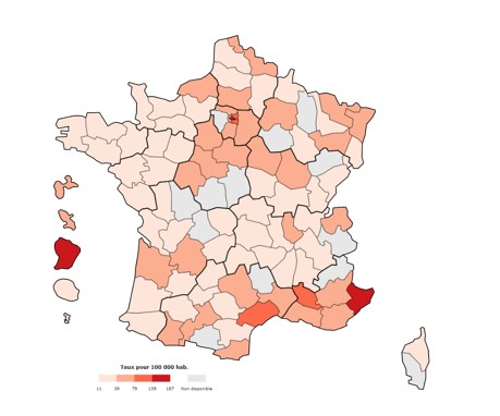 Nombre de personnes diagnostiquées positives pour les Ac anti-VHC pour 100 000 habitants, par département, France, LaboHEP 2021