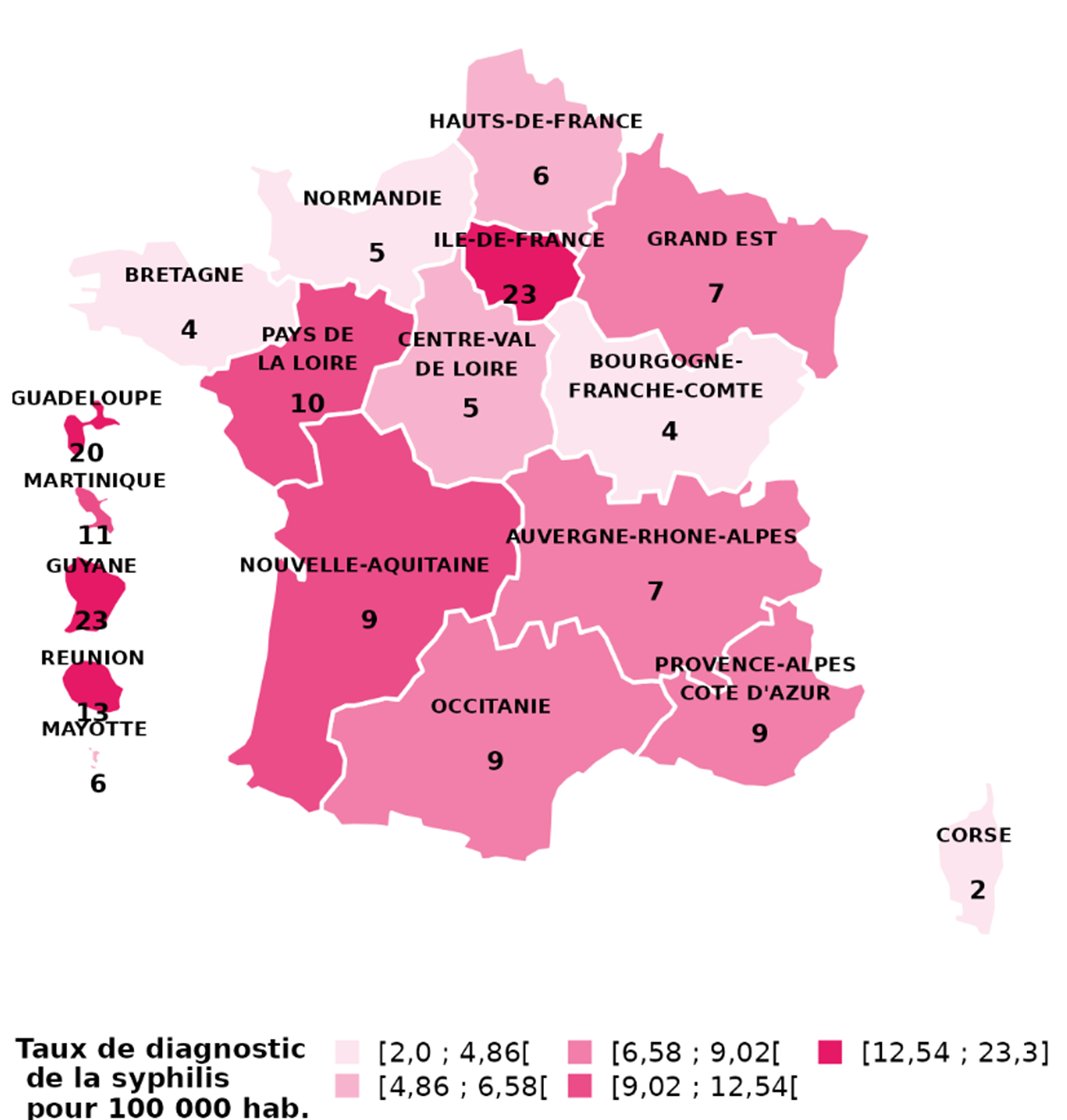 Figure 5. Taux d’incidence des diagnostics de syphilis en secteur privé, par région de domicile chez les 15 ans et plus (personnes diagnostiquées au moins une fois dans l'année pour 100 000 habitants), France, 2022