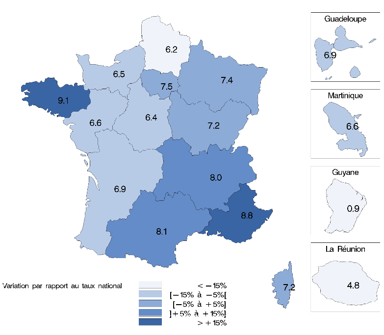 Prévalences régionales de personnes souffrant de troubles psychotiques prises en charge par le système de soins en 2014 (prévalence pour 1 000)