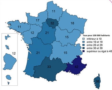 Nombre annuel de patients ayant initié un traitement contre le VHC par antiviraux à action directe de 2nde génération par région, rapporté à la population (/ 100 000 habitants), France, 2015 (Sniiram)