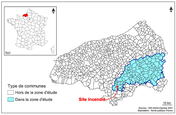 Carte de la zone d'étude globale autour de l'incendie industriel de Rouen